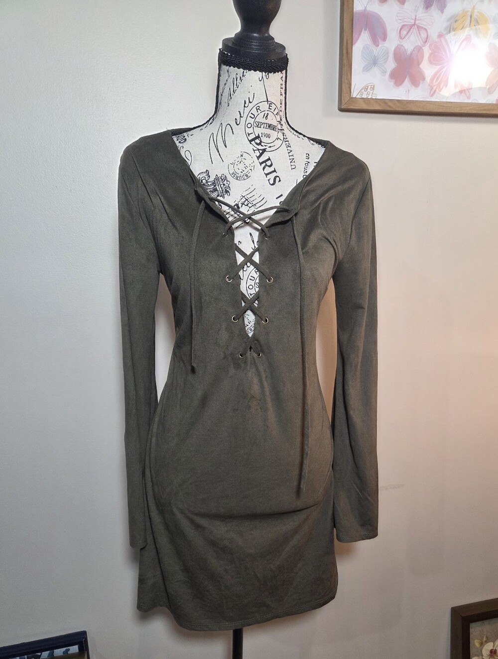 chic Olive Green Lace-Up Mini Dress